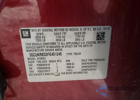 2015 Chevrolet Silverado K1500 Lt from USA, damaged, VIN 3GCUKREC6FG451246
